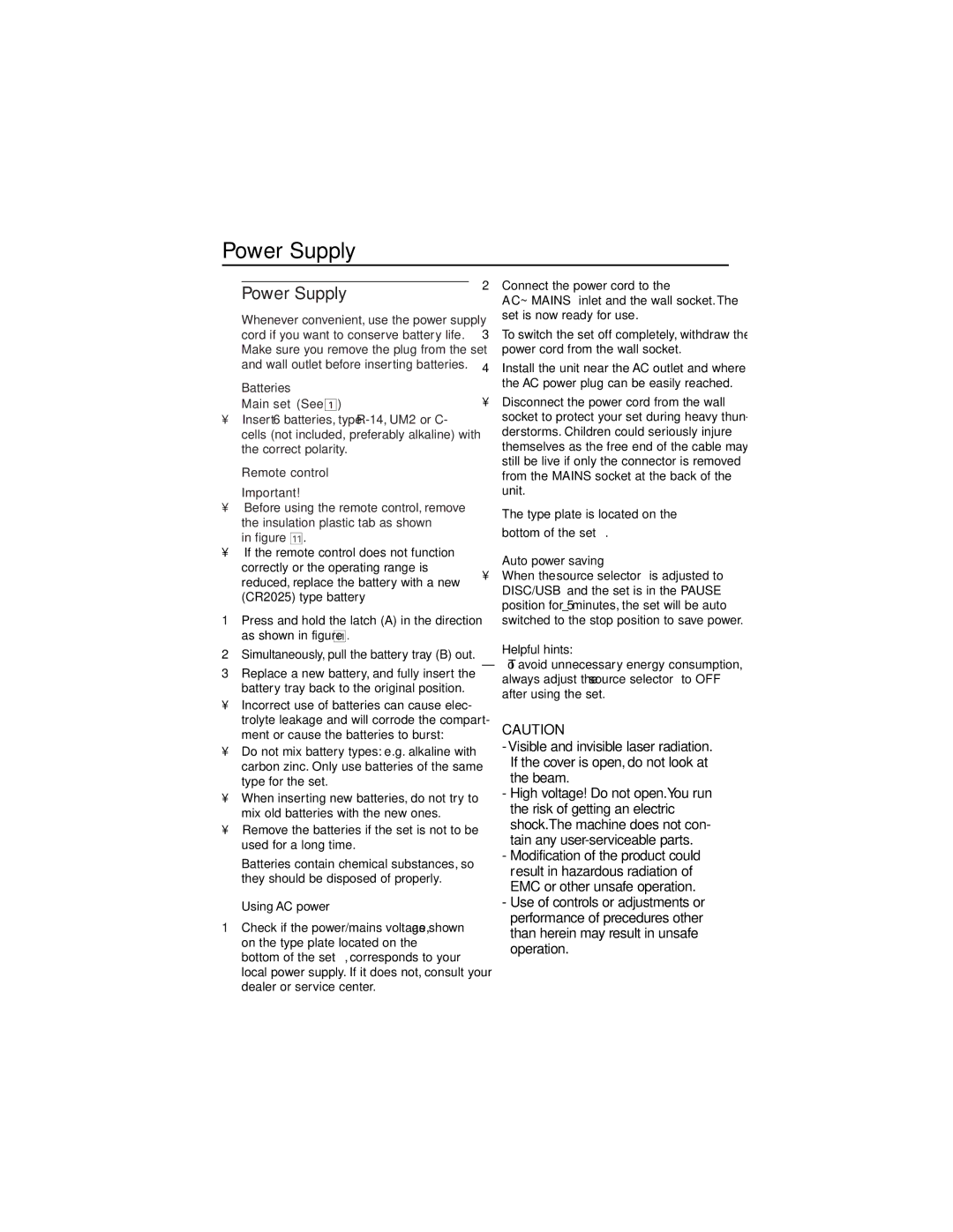 Philips AZ1856 user manual Power Supply, Helpful hints 