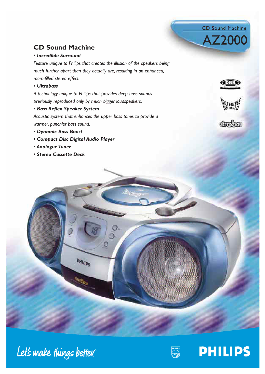 Philips AZ2000 manual Incredible Surround, Ultrabass, Bass Reflex Speaker System 