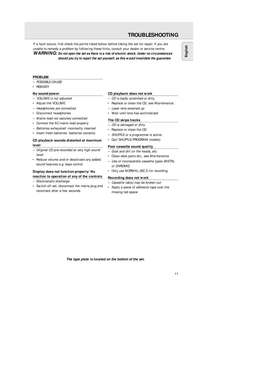 Philips AZ2000/01 manual Troubleshooting 