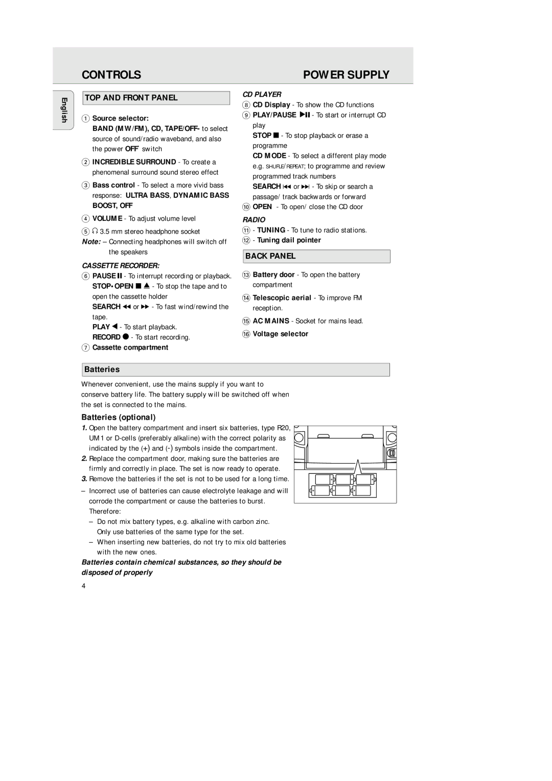 Philips AZ2000/01 manual Controls, TOP and Front Panel, Back Panel, Batteries optional 