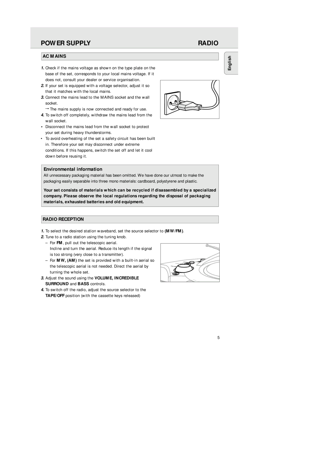 Philips AZ2000/01 manual Power Supply, AC Mains, Environmental information, Radio Reception 