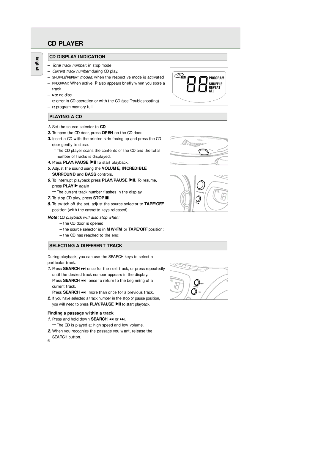 Philips AZ2000/01 manual CD Player, CD Display Indication, Playing a CD, Selecting a Different Track 