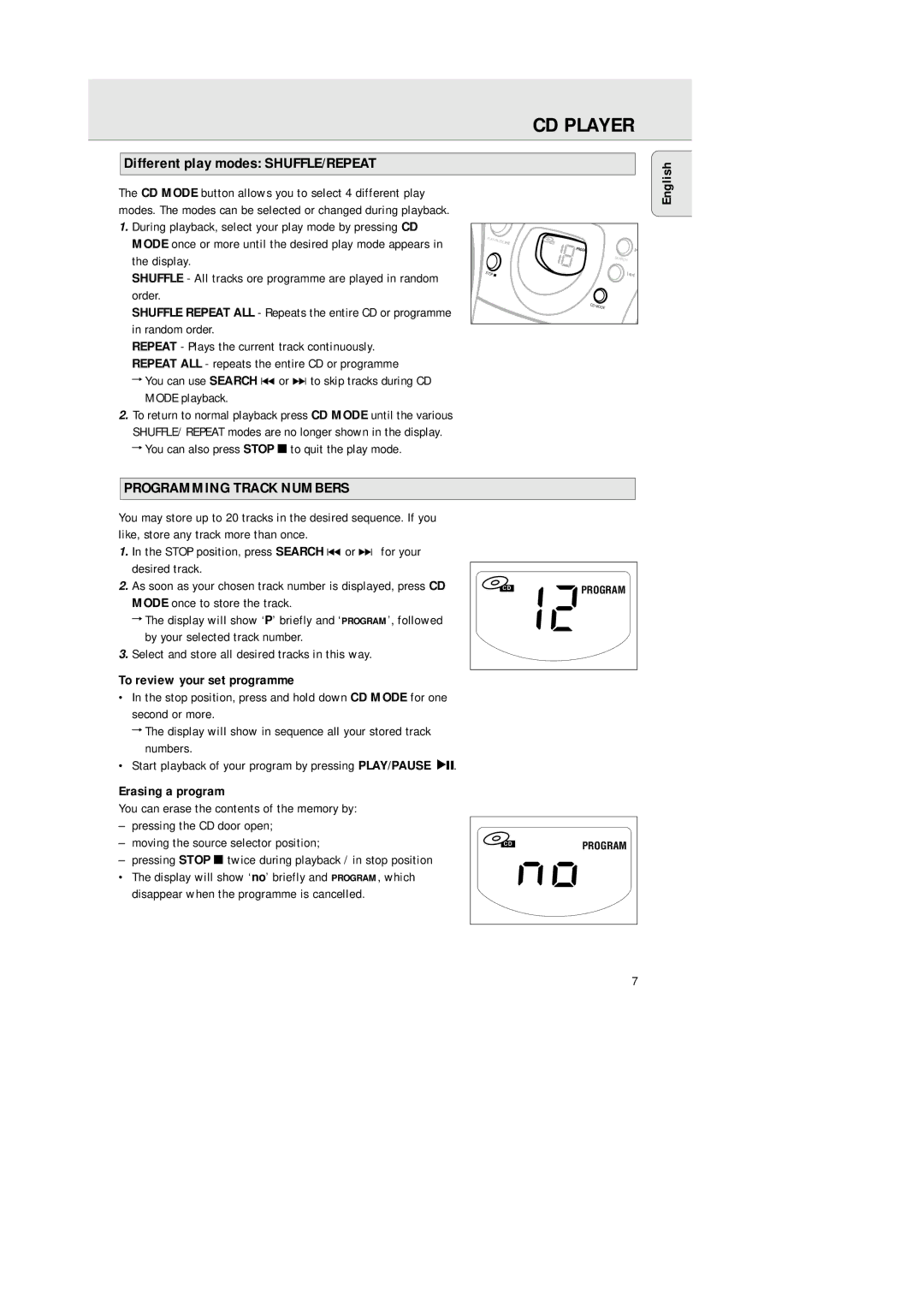 Philips AZ2000/01 manual Different play modes SHUFFLE/REPEAT, Programming Track Numbers, To review your set programme 