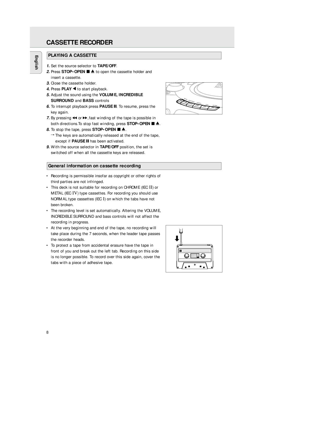 Philips AZ2000/01 manual Cassette Recorder, Playing a Cassette, General information on cassette recording 