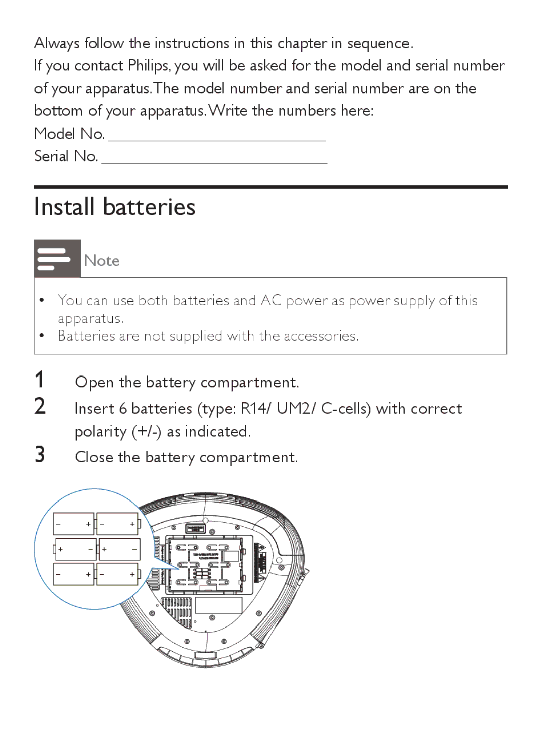 Philips AZ202/B/C/N/R Install batteries, Always follow the instructions in this chapter in sequence, Model No Serial No 