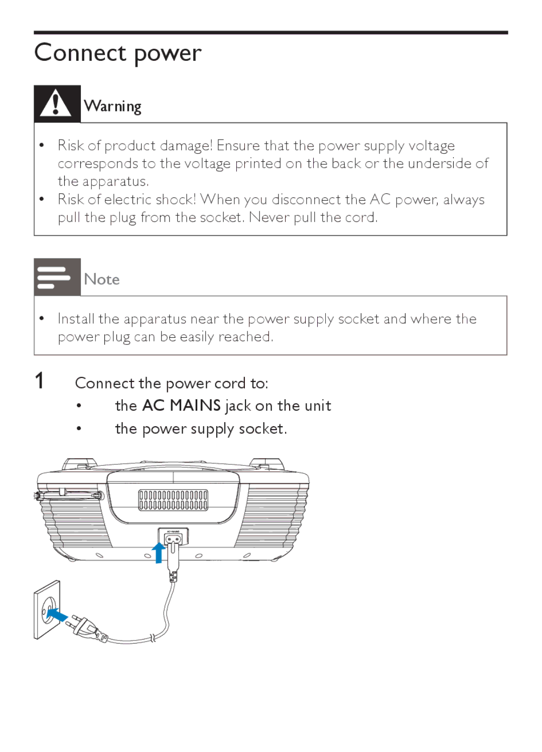 Philips AZ202/B/C/N/R user manual Connect power 