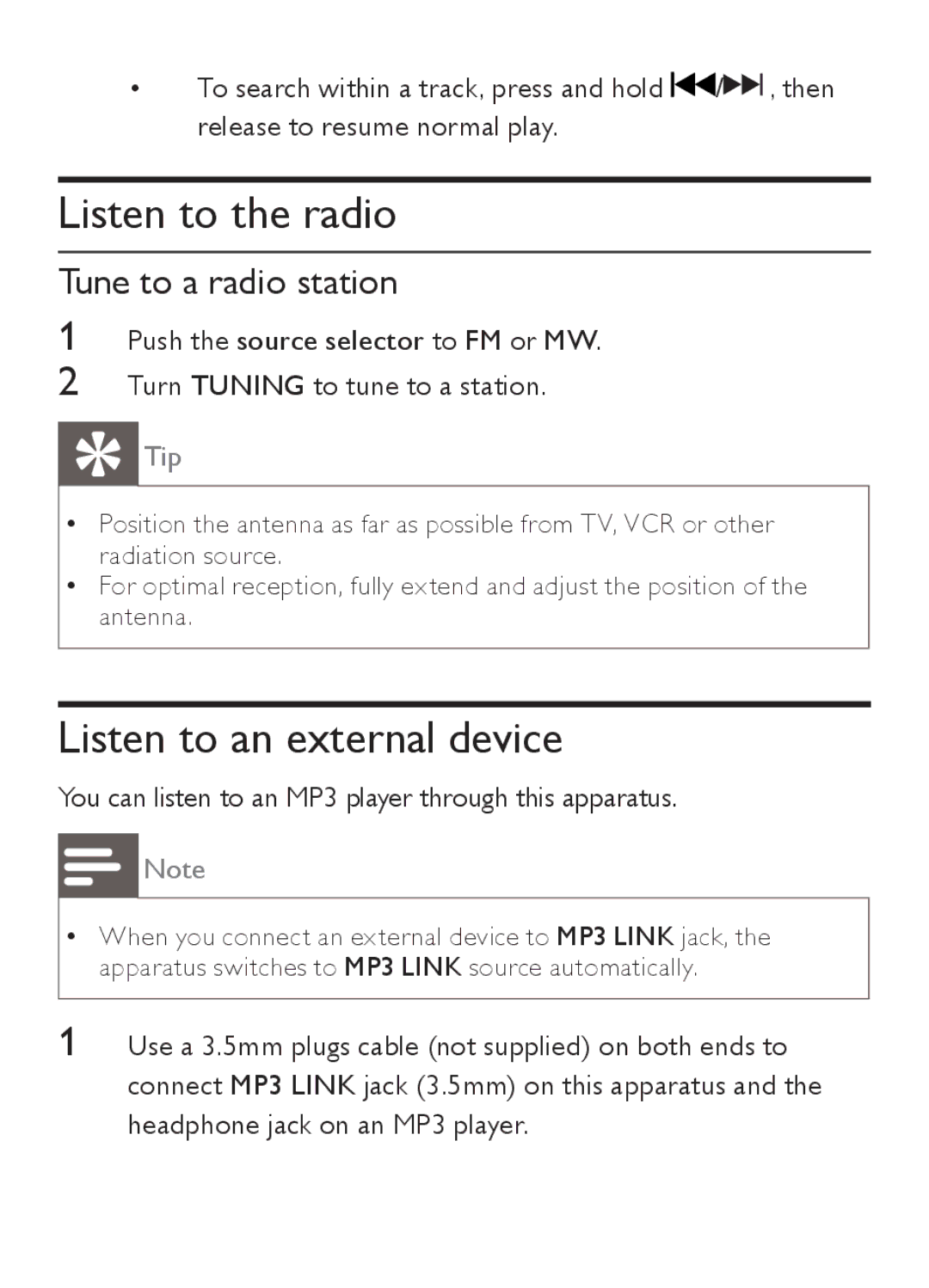 Philips AZ202/B/C/N/R user manual Listen to the radio, Listen to an external device, Tune to a radio station 