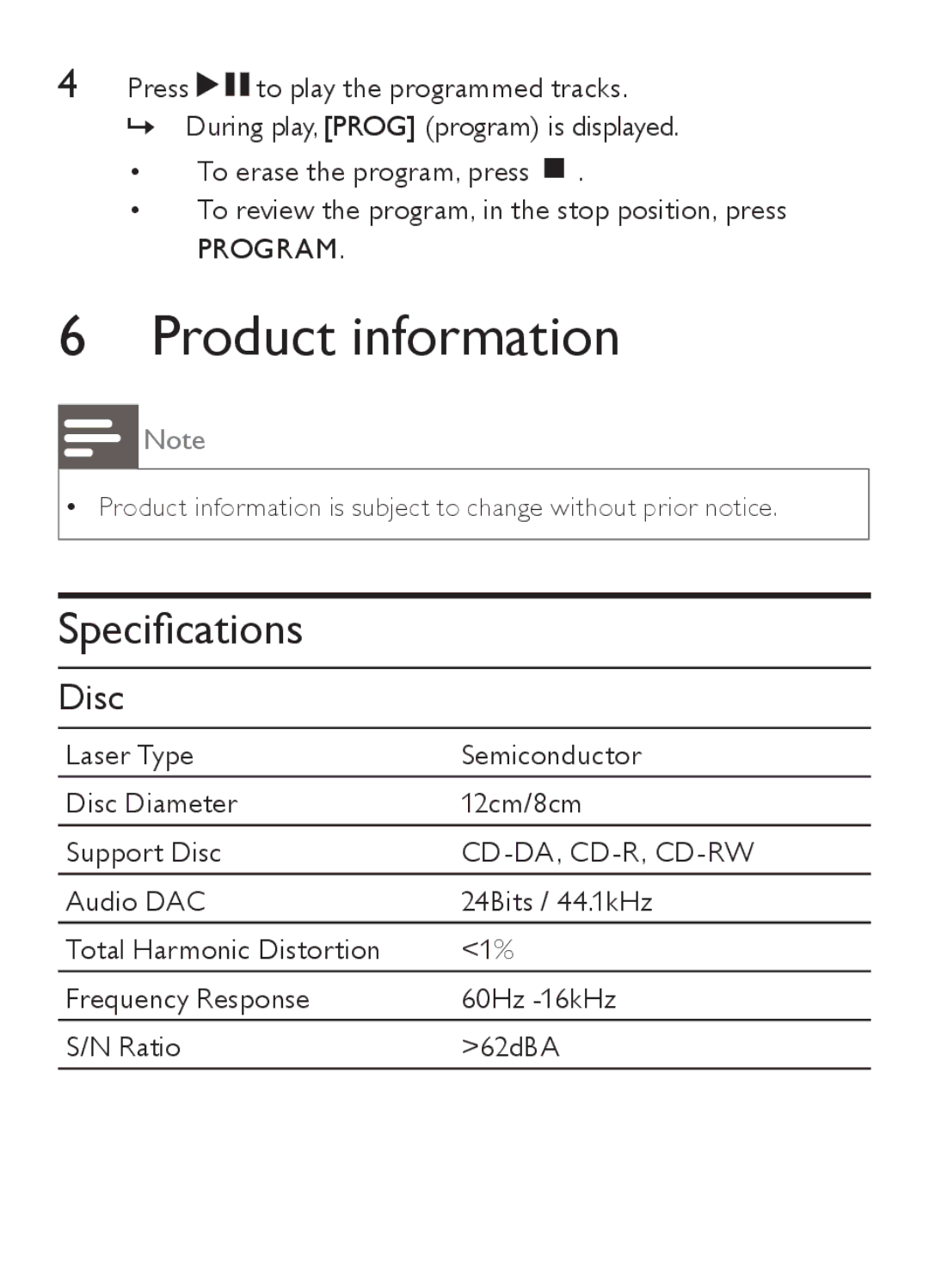 Philips AZ202/B/C/N/R user manual Product information, Speciﬁcations, Disc 