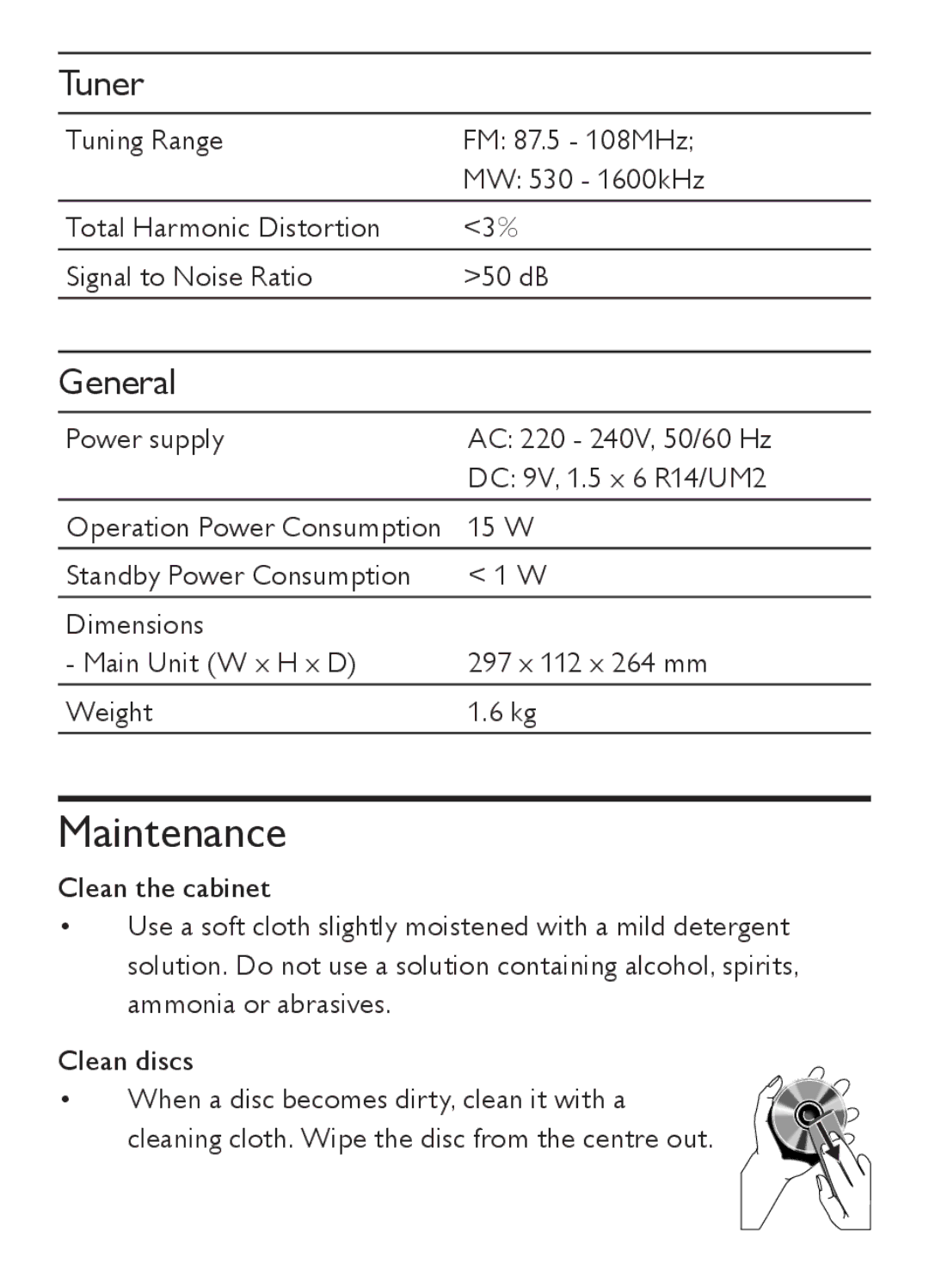 Philips AZ202/B/C/N/R user manual Maintenance, Tuner, General 