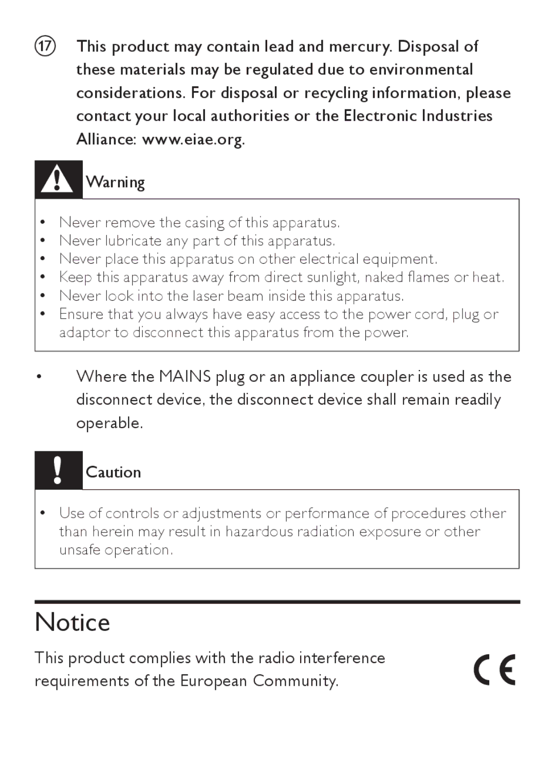 Philips AZ202/B/C/N/R user manual Never look into the laser beam inside this apparatus 