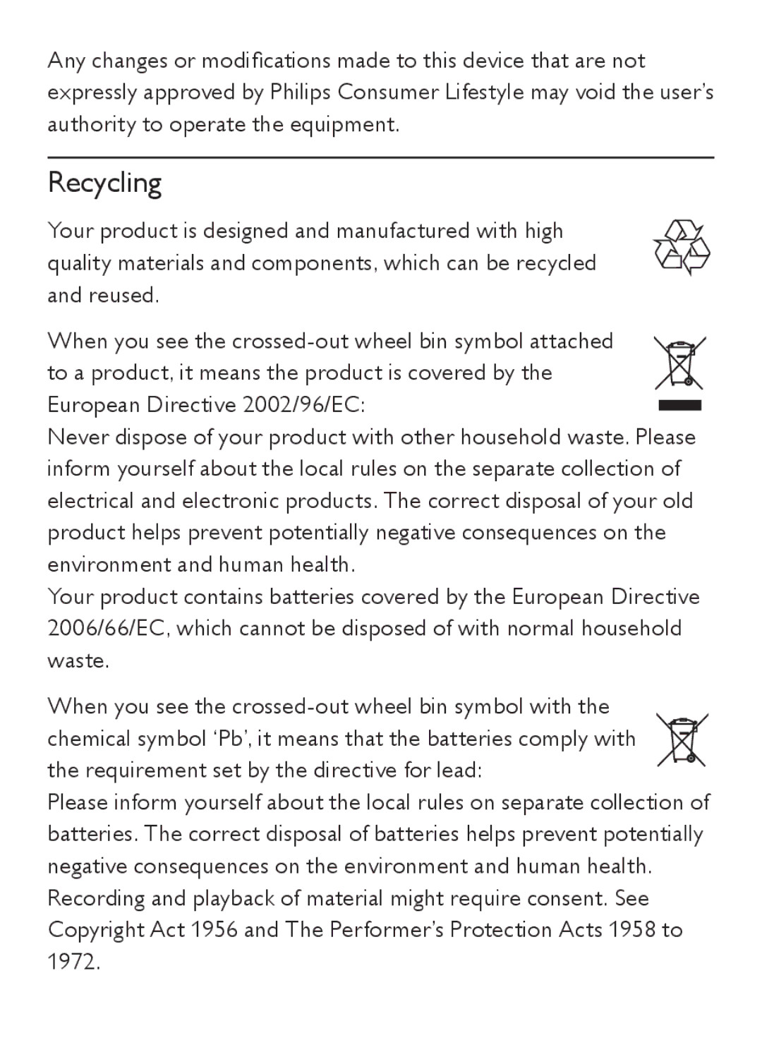 Philips AZ202/B/C/N/R user manual Recycling 