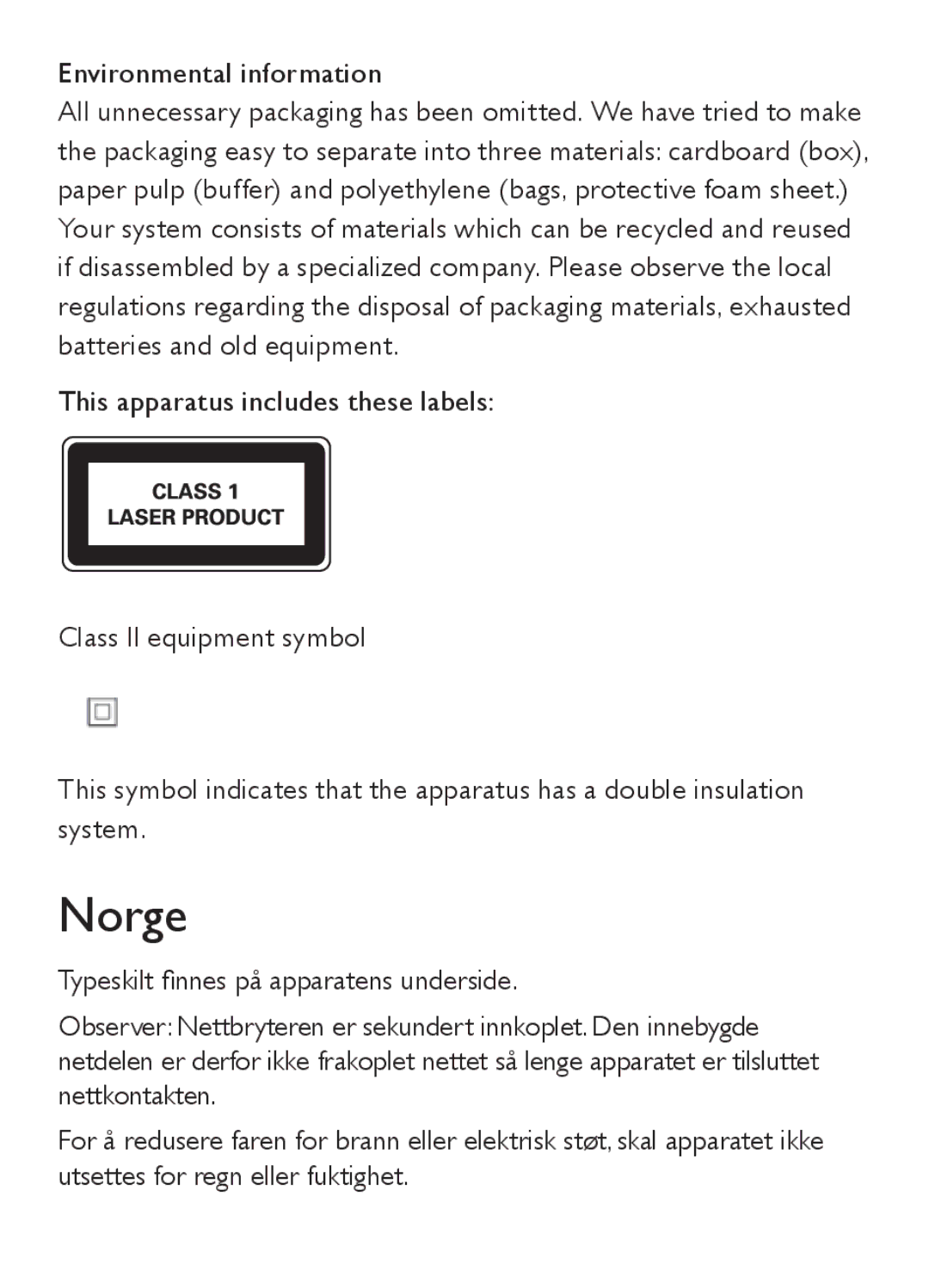 Philips AZ202/B/C/N/R user manual Norge, Environmental information 