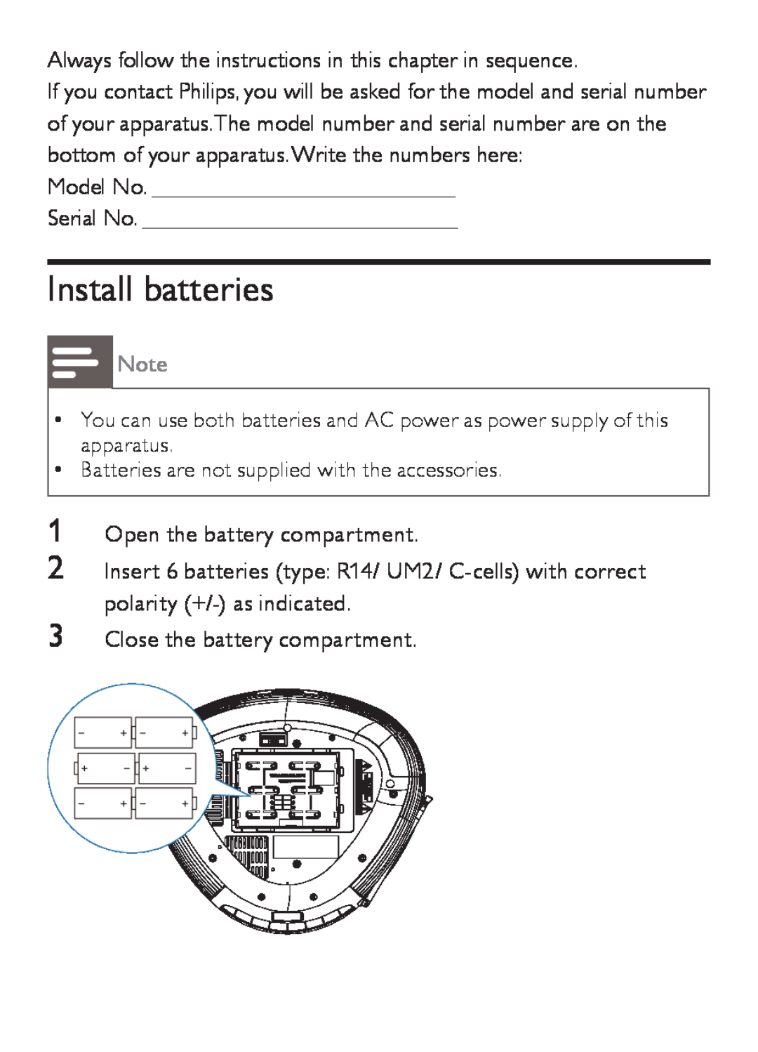 Philips AZ202/B/C/N/R user manual Install batteries 