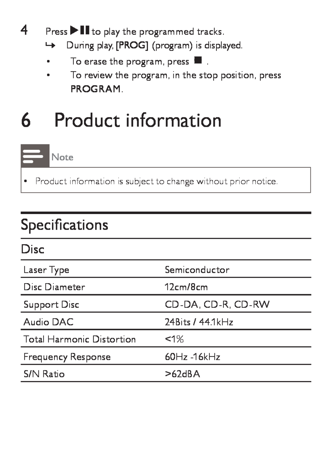 Philips AZ202/B/C/N/R user manual Product information, Speciﬁcations, Disc 