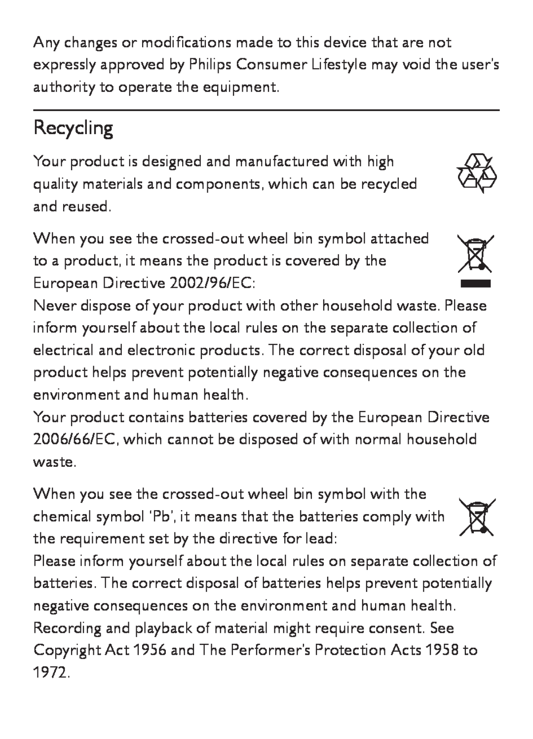 Philips AZ202/B/C/N/R user manual Recycling 