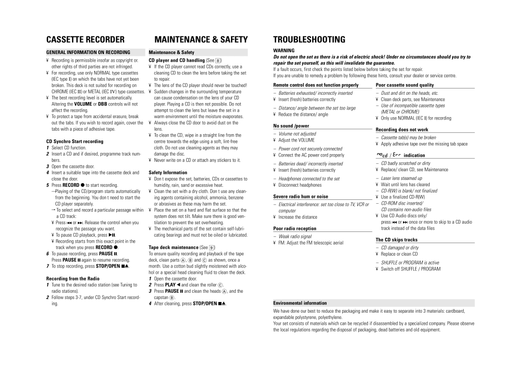 Philips AZ2060 user manual Troubleshooting, General Information on Recording, Indication 