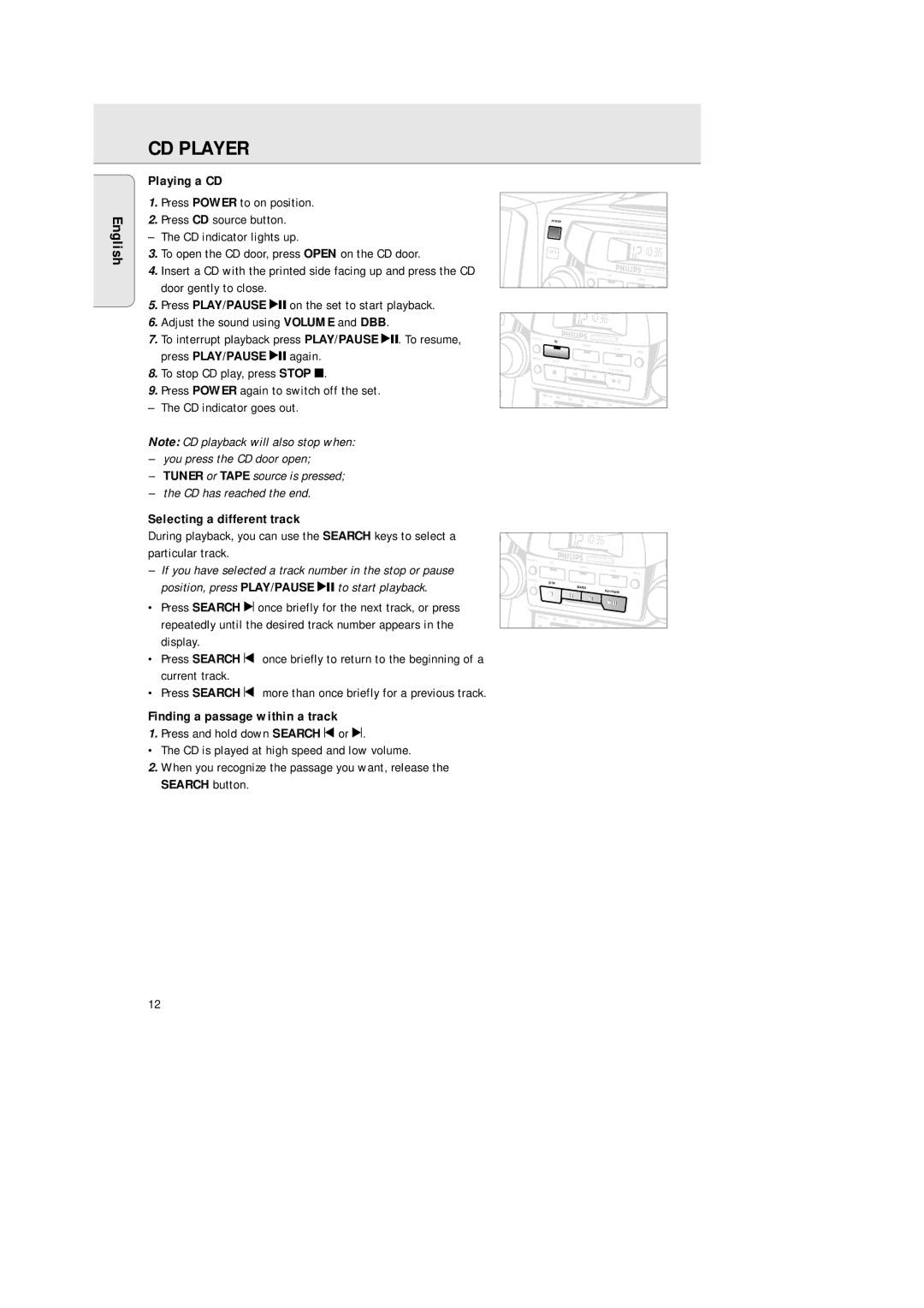 Philips AZ2200/17 manual CD Player, Playing a CD, Selecting a different track, Finding a passage within a track 