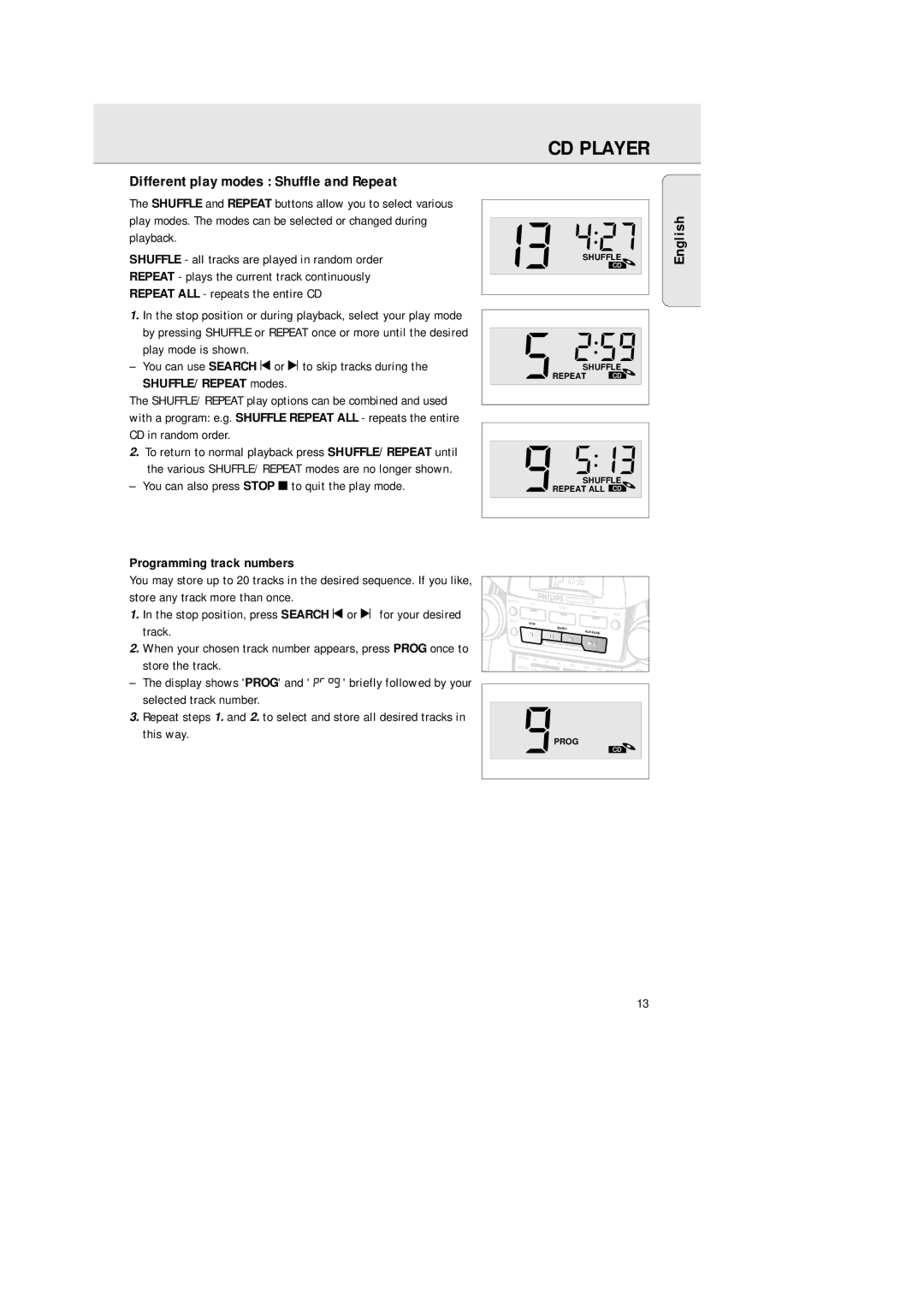 Philips AZ2200/17 manual Different play modes Shuffle and Repeat, Programming track numbers 