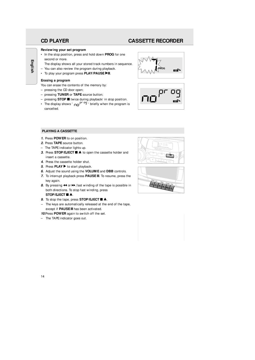 Philips AZ2200/17 manual Reviewing your set program, Erasing a program, Playing a Cassette 