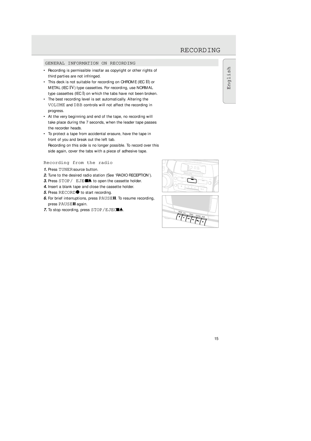 Philips AZ2200/17 manual General Information on Recording, Recording from the radio 