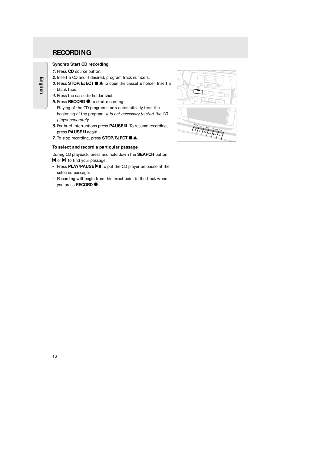 Philips AZ2200/17 manual Synchro Start CD recording, To select and record a particular passage, ¡ or to find your passage 