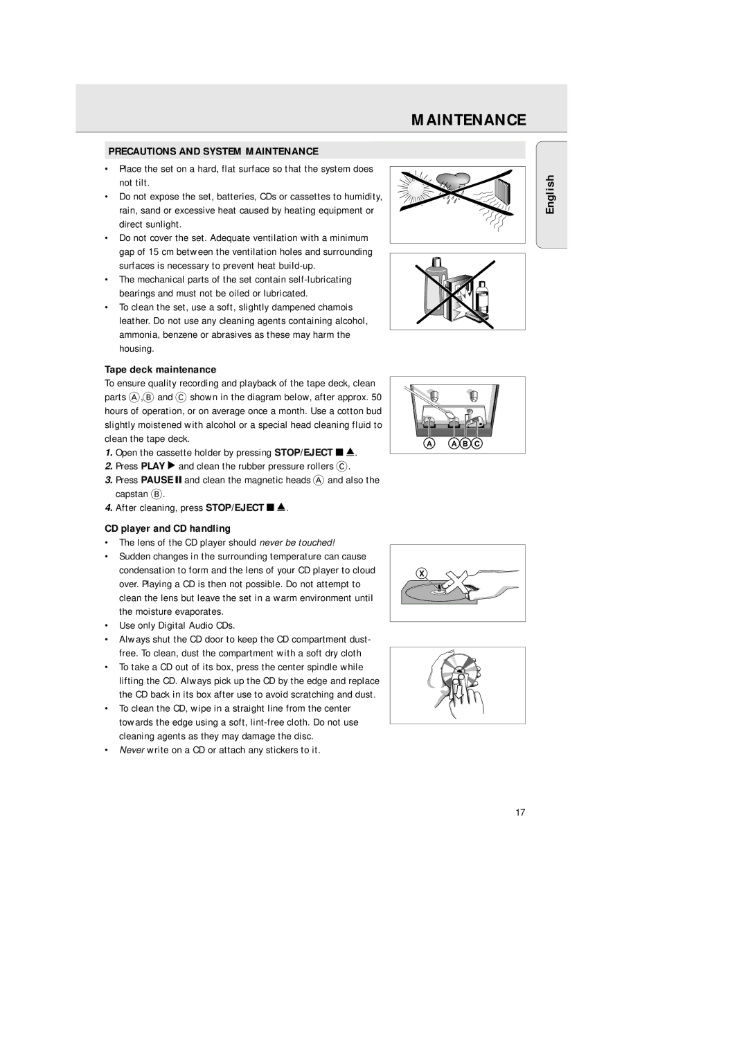 Philips AZ2200/17 manual Precautions and System Maintenance, Tape deck maintenance, CD player and CD handling 