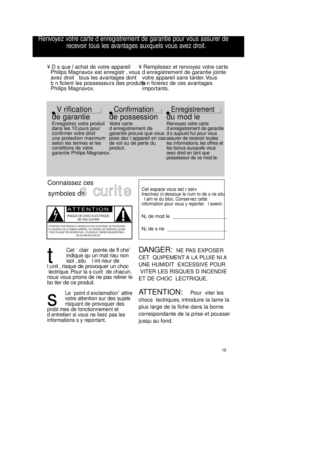 Philips AZ2200/17 manual Cet espace vous est réservé, Inscrivez ci-dessous le numéro de série situé, De modèle De série 