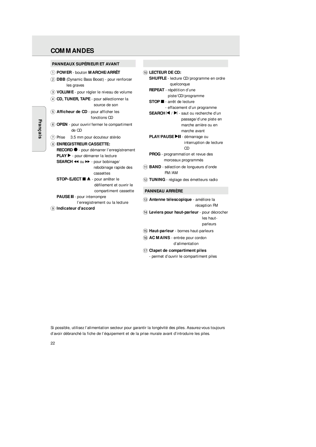 Philips AZ2200/17 manual Commandes, Panneaux Supérieur ET Avant, Enregistreur Cassette, Lecteur DE CD, Panneau Arrière 