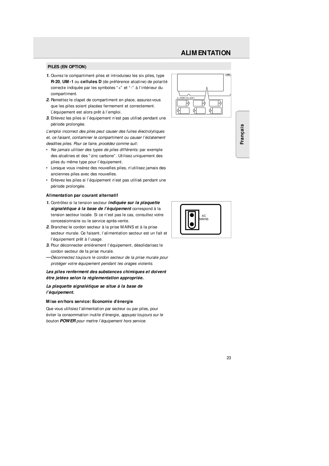 Philips AZ2200/17 manual Piles EN Option, Alimentation par courant alternatif, Mise en/hors service Economie d’énergie 