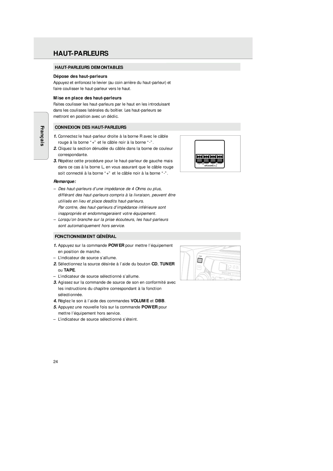 Philips AZ2200/17 manual Haut-Parleurs, HAUT-PARLEURS Demontables, Connexion DES HAUT-PARLEURS, Fonctionnement Général 