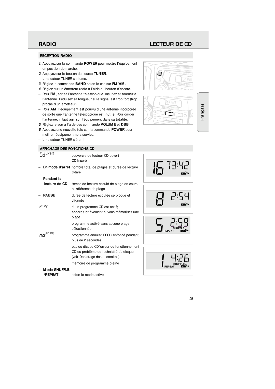 Philips AZ2200/17 manual Reception Radio, Affichage DES Fonctions CD, Pendant la, Mode Shuffle 