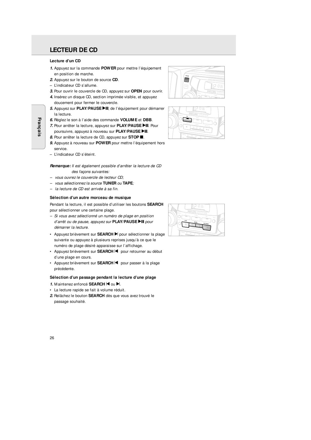 Philips AZ2200/17 manual Lecteur DE CD, Lecture d’un CD, Sélection d’un autre morceau de musique 