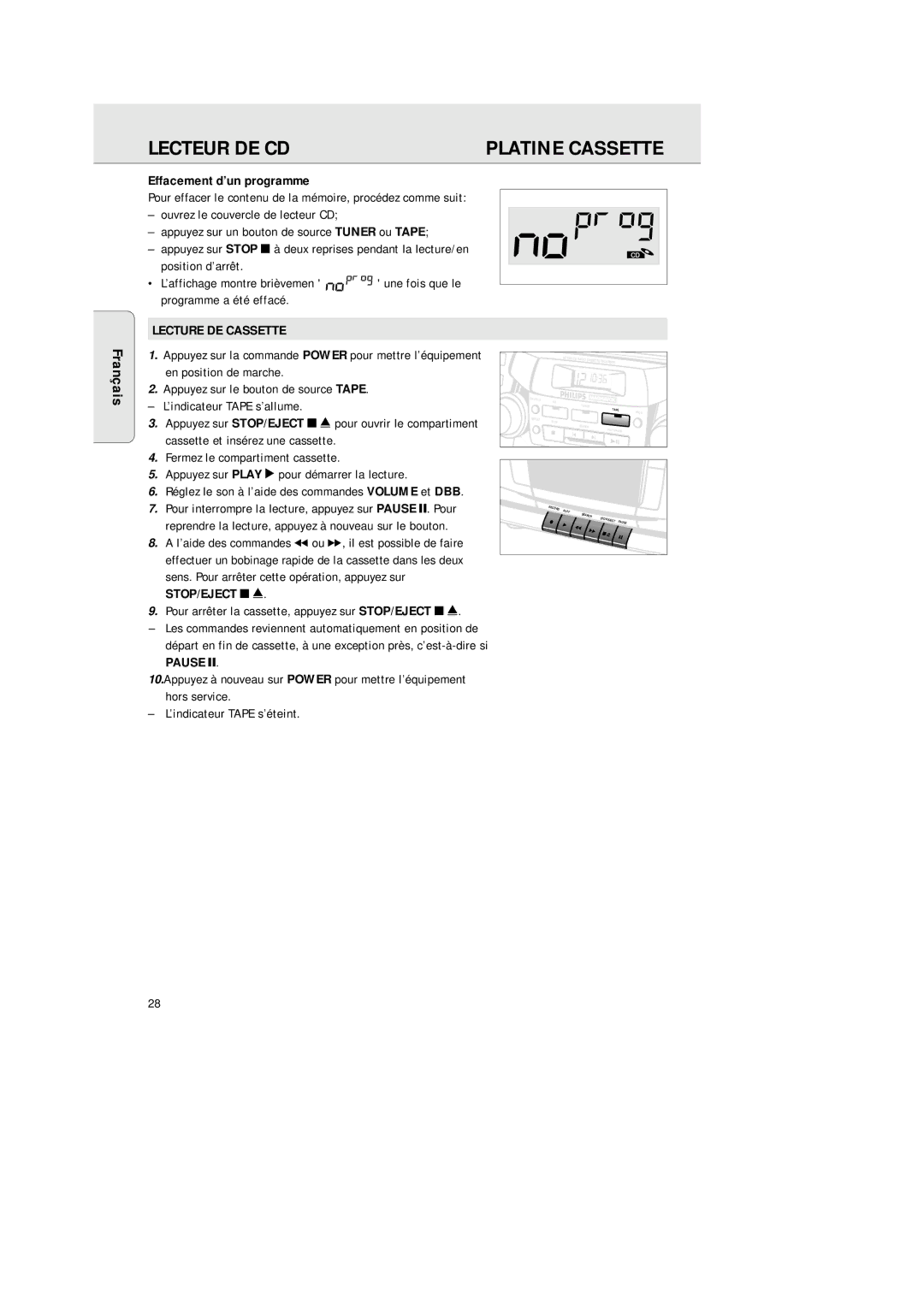 Philips AZ2200/17 manual Effacement d’un programme, Lecture DE Cassette 