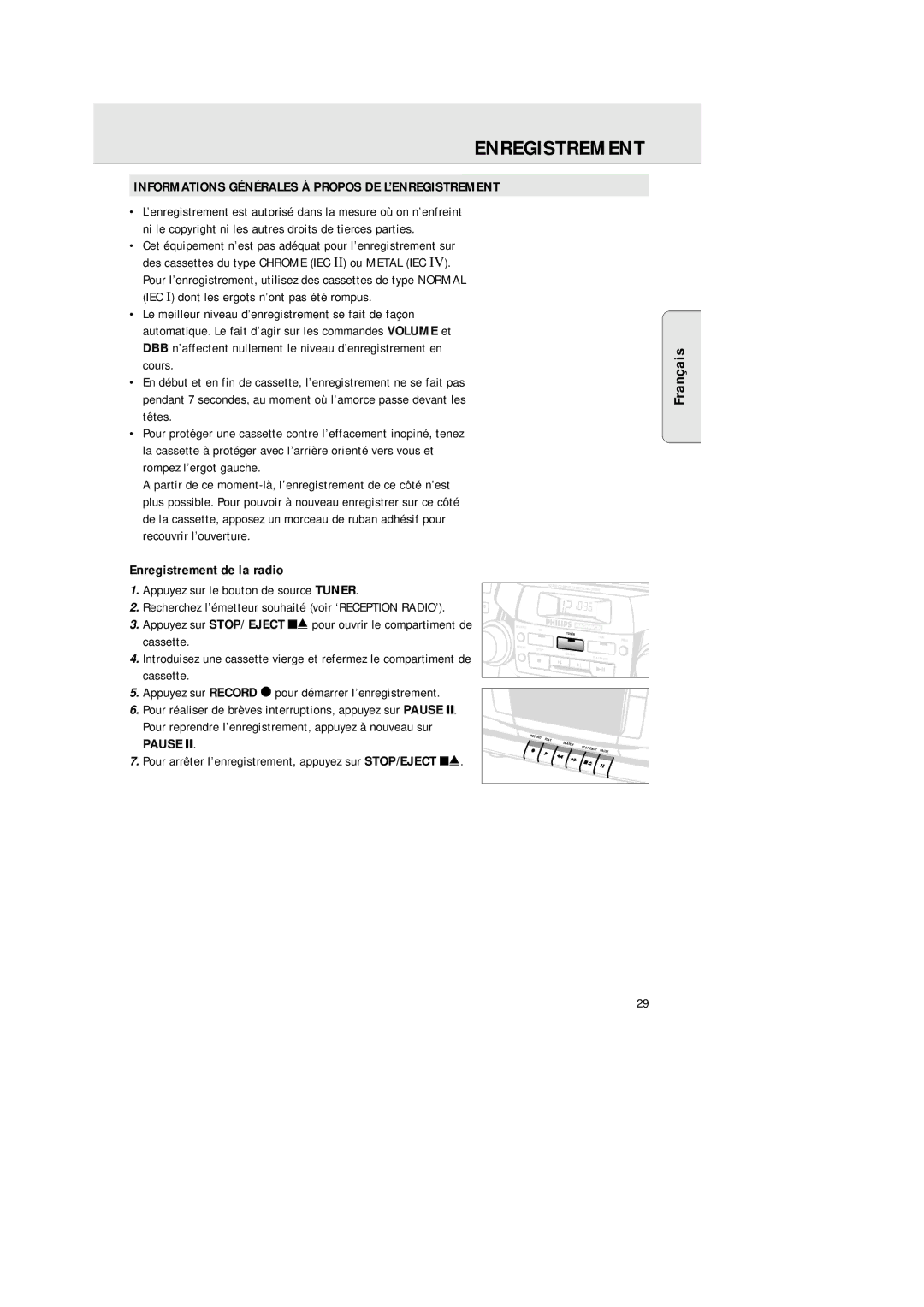 Philips AZ2200/17 manual Informations Générales À Propos DE L’ENREGISTREMENT, Enregistrement de la radio 