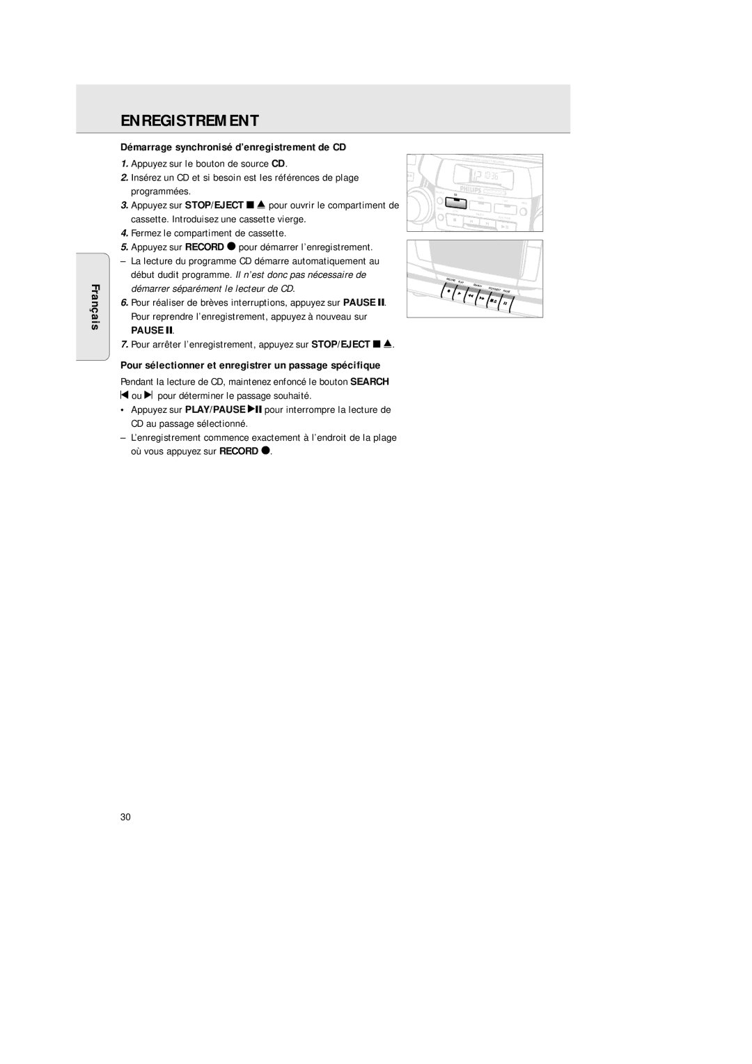 Philips AZ2200/17 manual Démarrage synchronisé d’enregistrement de CD, Fermez le compartiment de cassette 