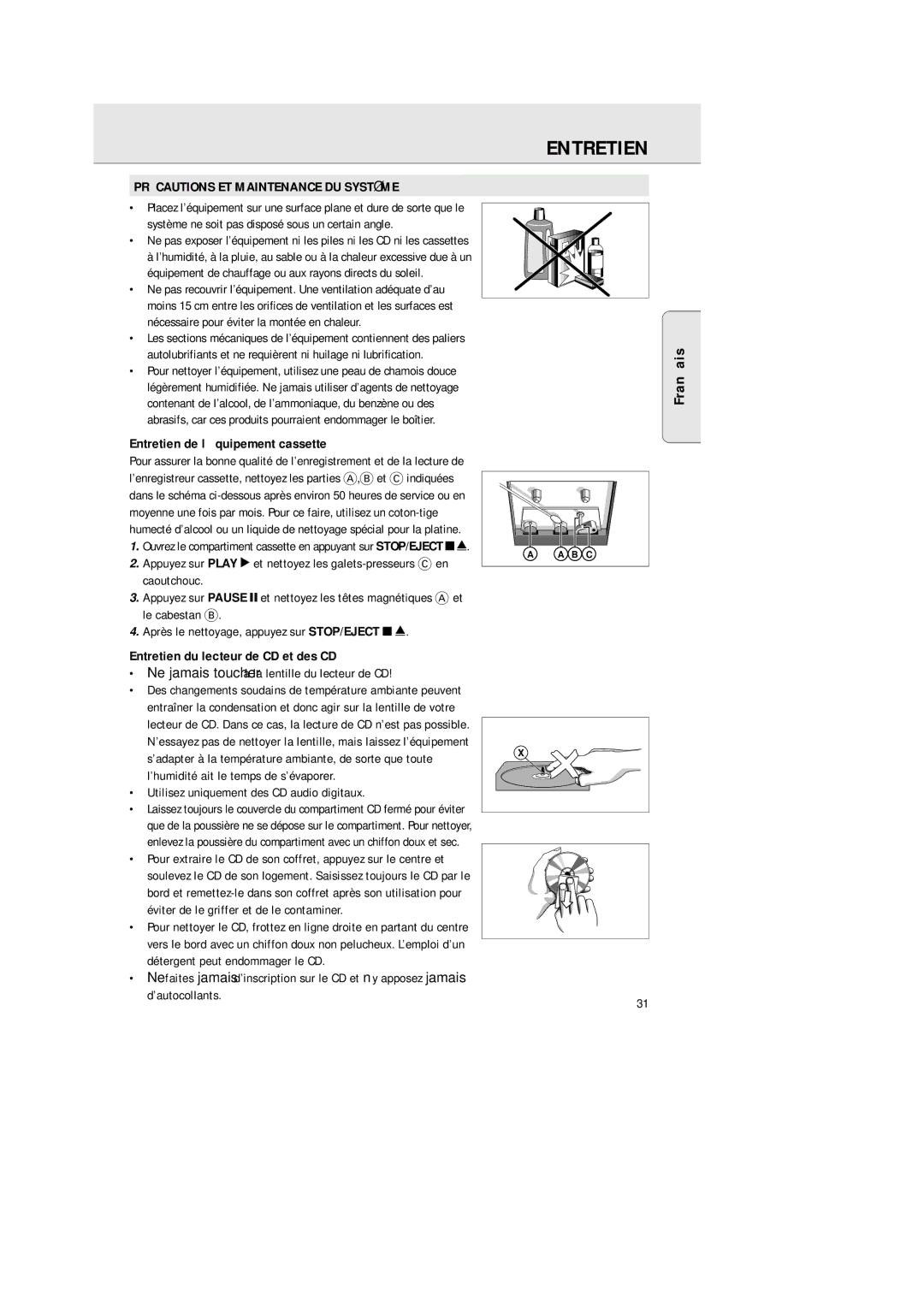 Philips AZ2200/17 manual Précautions ET Maintenance DU Système, Entretien de l’équipement cassette 