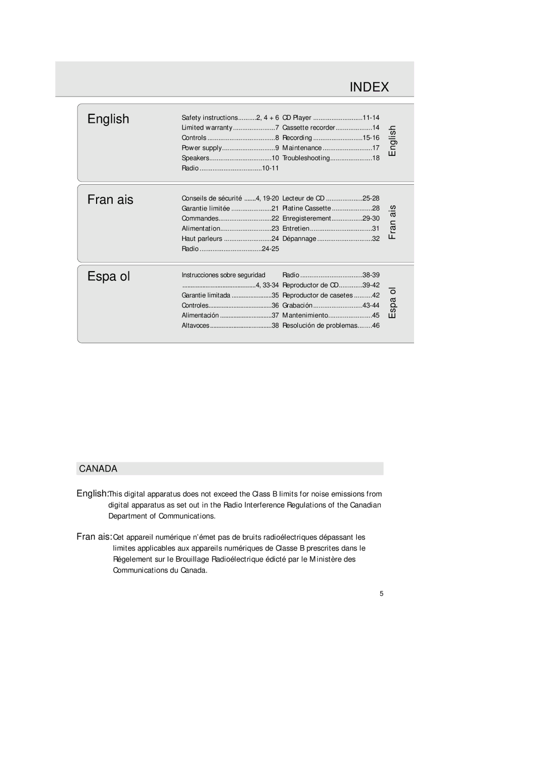 Philips AZ2200/17 manual Index, English Français Español, 10-11, 24-25 