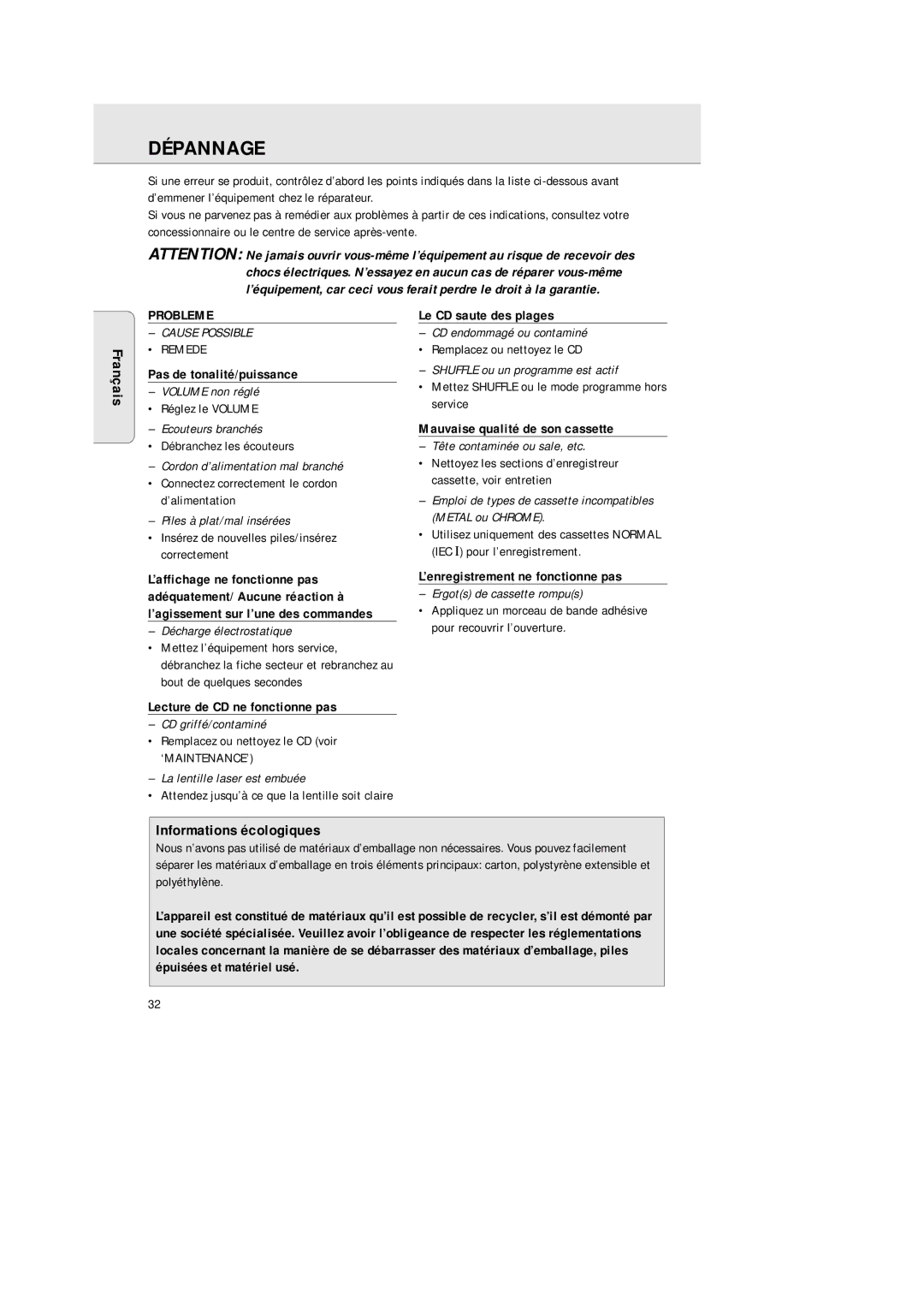 Philips AZ2200/17 manual Dépannage, Informations écologiques, Probleme 