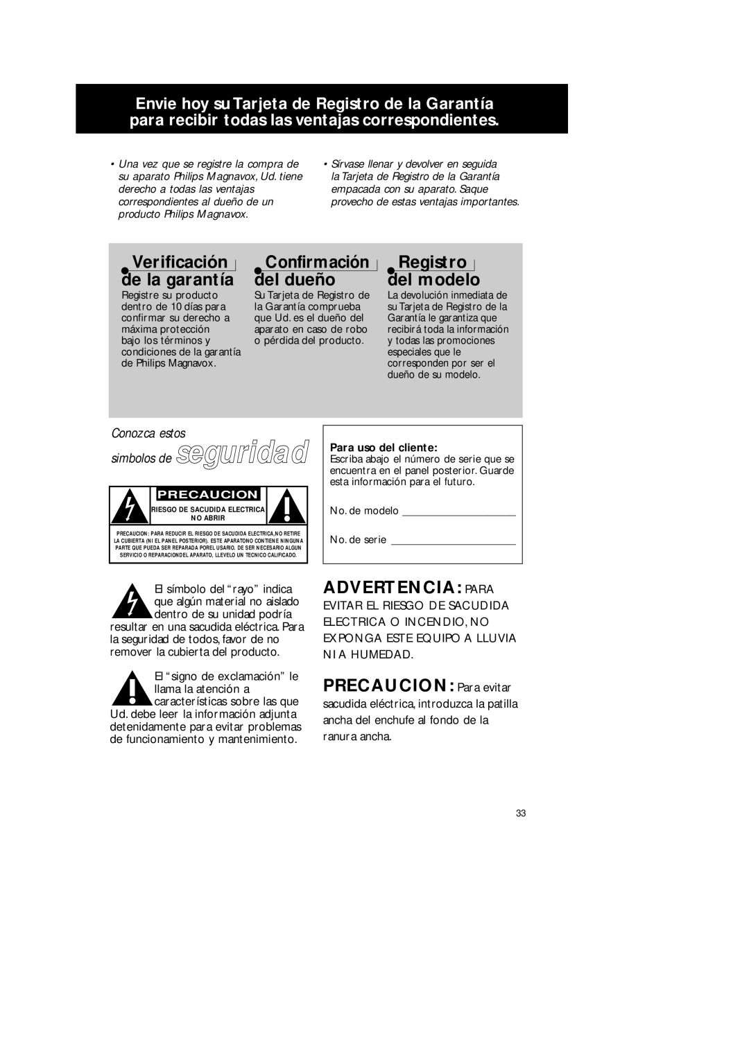 Philips AZ2200/17 manual Advertencia Para, Para uso del cliente, No. de modelo No. de serie 