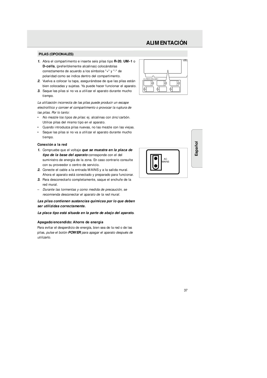 Philips AZ2200/17 manual Alimentación, Pilas Opcionales, Conexión a la red, Apagado/encendido Ahorre de energía 