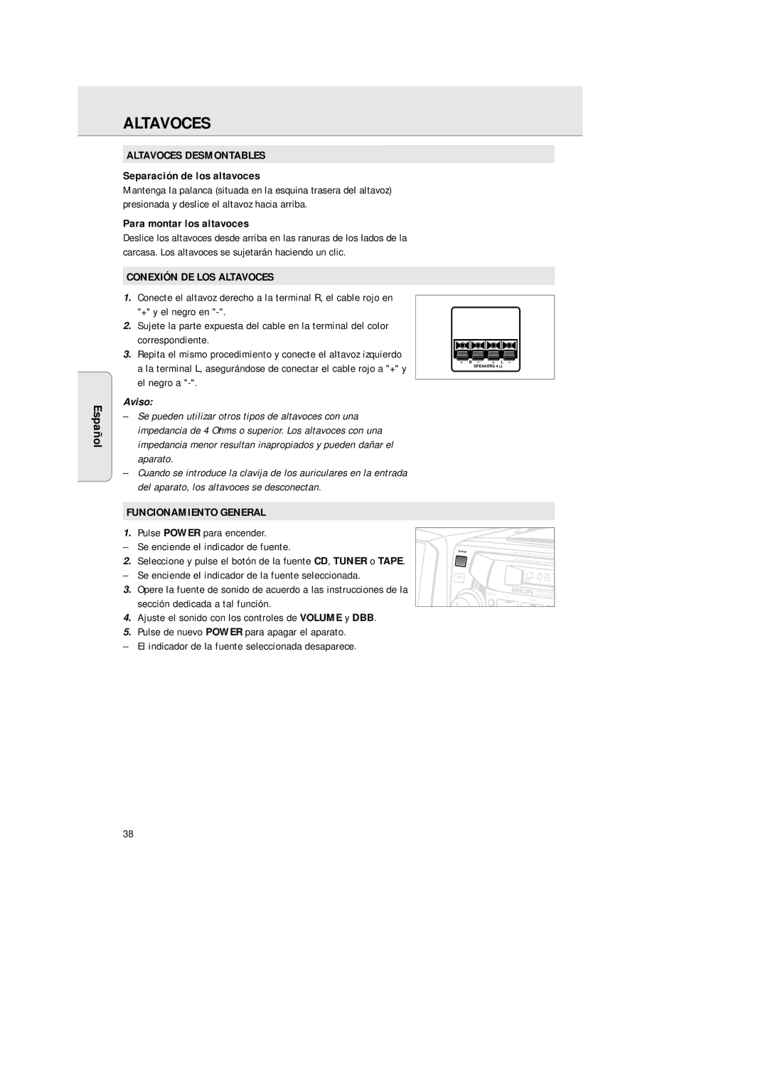 Philips AZ2200/17 manual Altavoces Desmontables, Conexión DE LOS Altavoces, Funcionamiento General 