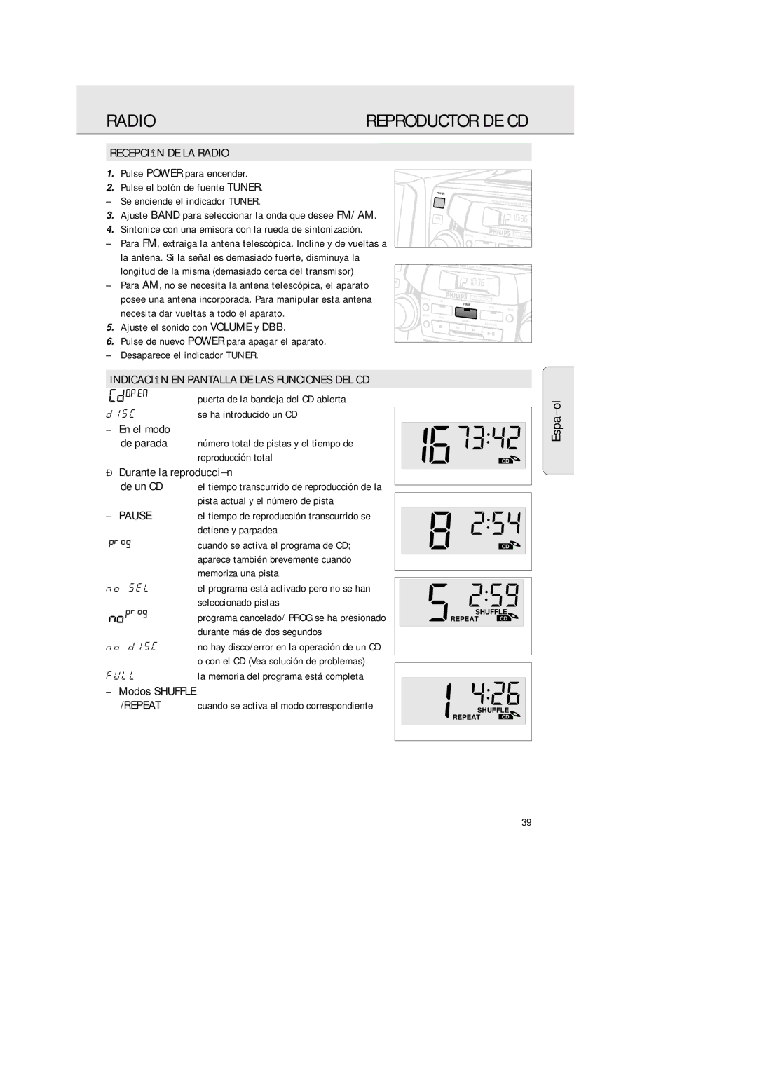 Philips AZ2200/17 manual Recepción DE LA Radio, Indicación EN Pantalla DE LAS Funciones DEL CD, Repeat 