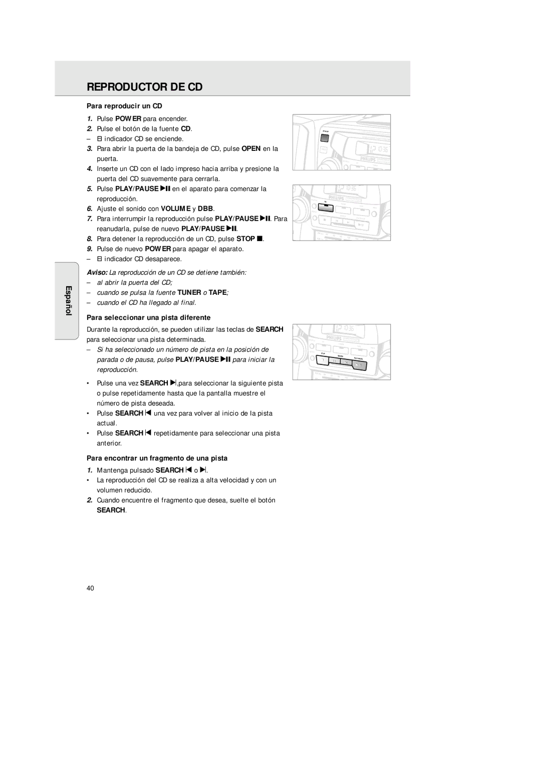 Philips AZ2200/17 manual Reproductor DE CD, Para reproducir un CD, Para seleccionar una pista diferente, Search 