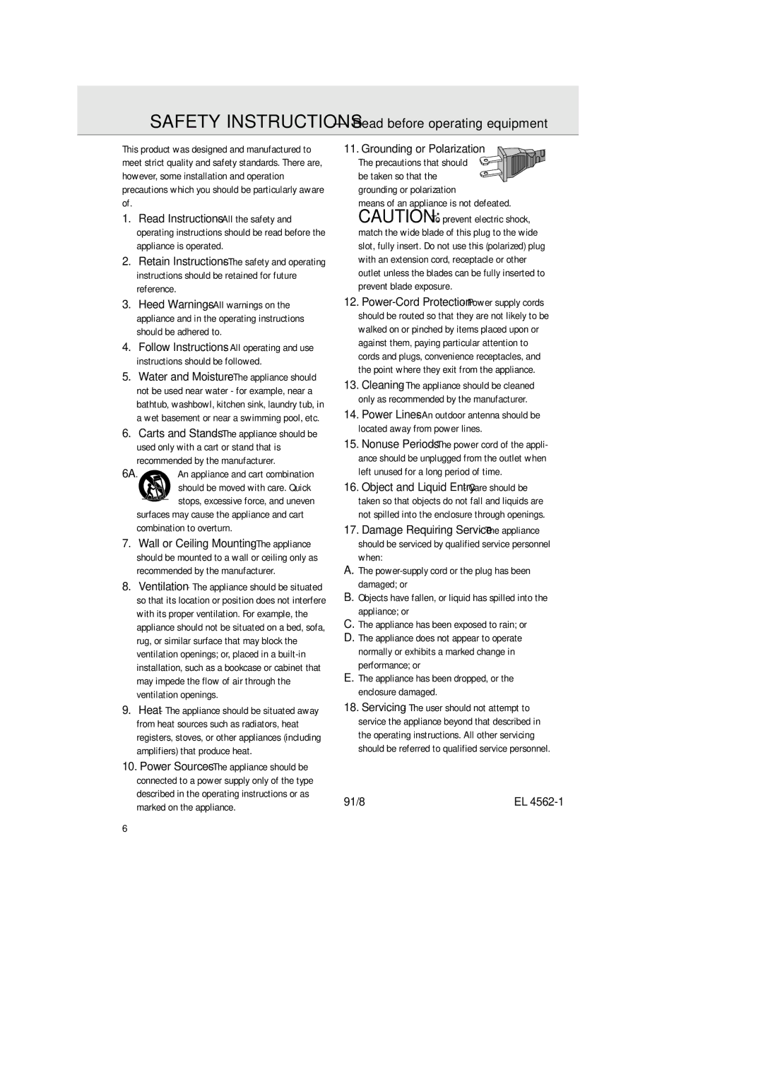 Philips AZ2200/17 manual Safety Instructions Read before operating equipment, 6A. An appliance and cart combination 