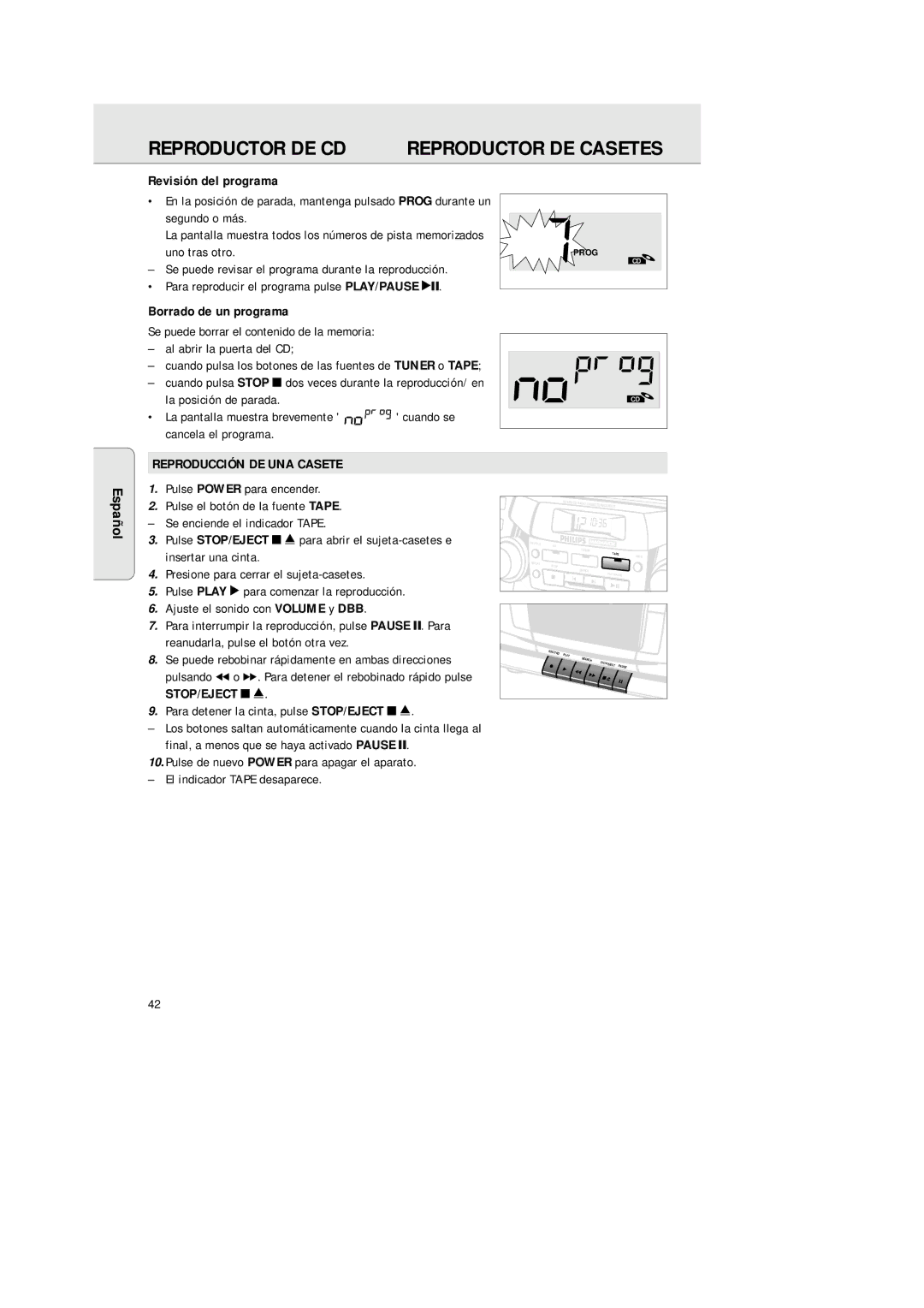 Philips AZ2200/17 manual Revisión del programa, Borrado de un programa, Reproducción DE UNA Casete 