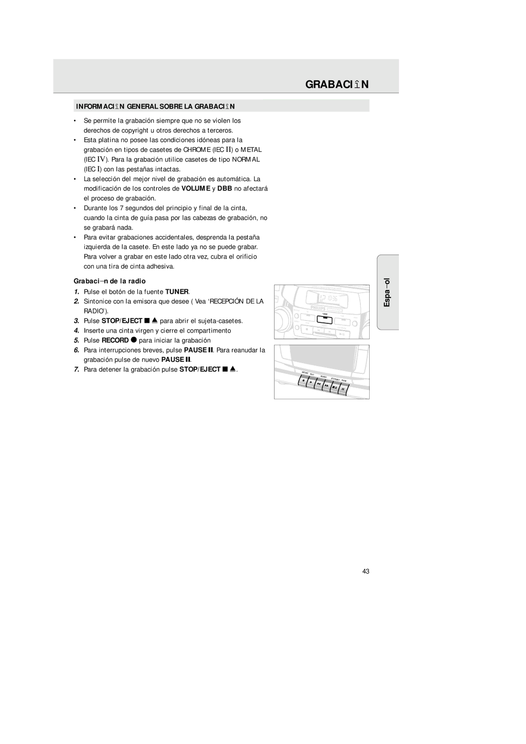 Philips AZ2200/17 manual Información General Sobre LA Grabación, Grabación de la radio 