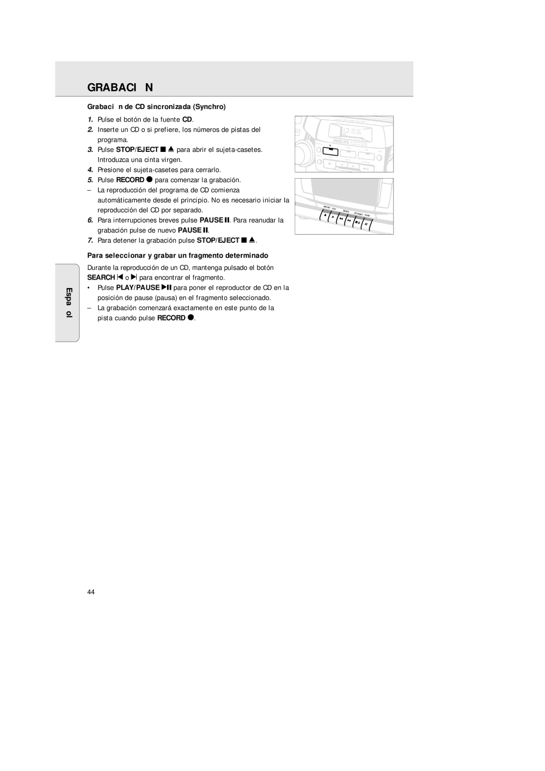 Philips AZ2200/17 manual Grabación de CD sincronizada Synchro, Para seleccionar y grabar un fragmento determinado 