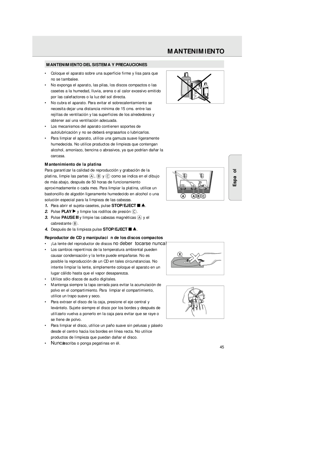 Philips AZ2200/17 manual Mantenimiento DEL Sistema Y Precauciones, Mantenimiento de la platina 