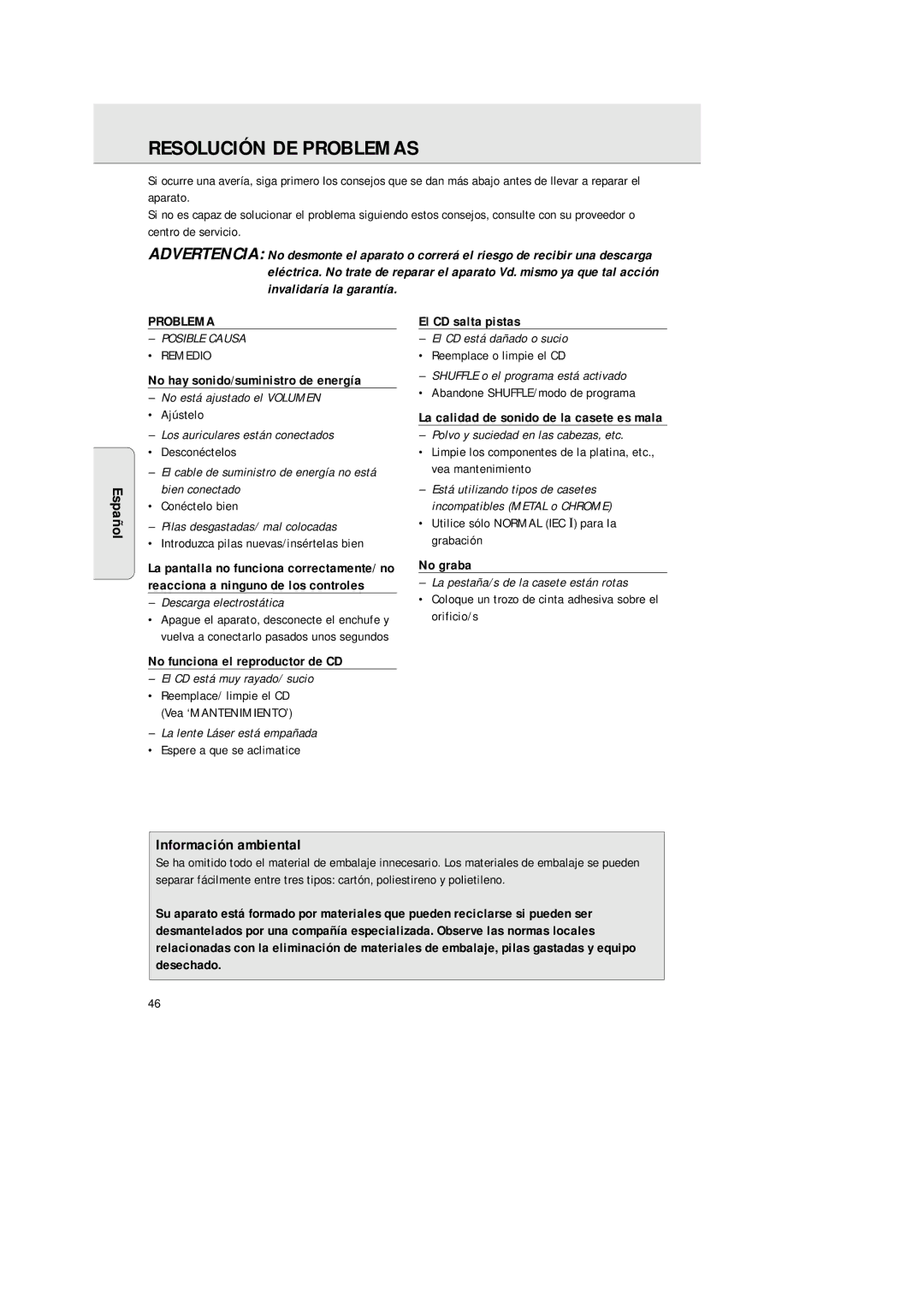 Philips AZ2200/17 manual Resolución DE Problemas, Información ambiental 