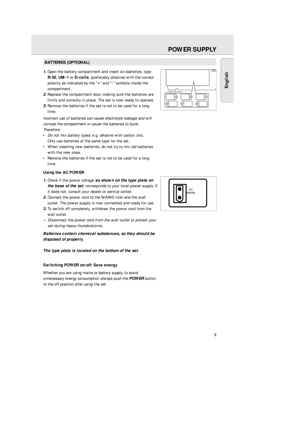 Philips AZ2200/17 Power Supply, Batteries Optional, Using the AC Power, Wall outlet, Switching Power on/off Save energy 